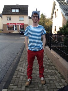Brian dressed up as (inverted) Where's Waldo.